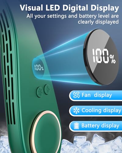 Portable Neck Fan Rechargeable,Neck Air Conditioning Wearable Cooling Device,Wear AC Air Conditioner Flexible Adjustable Angle,5 Speeds No Blade Headphone Design Breezy Hands Free Head Cooler Green
