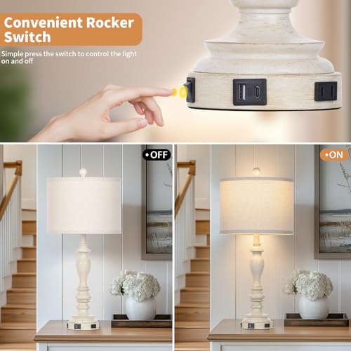 28" Table Lamps with USB C+A Ports & AC Outlets, Farmhouse Rustic Table Lamps Set of 2, Vintage End Table Nightstand Resin Bedside Lamp for Living Room Bedroom, Fabric Linen Shade Washed Antique Beige - Image 6