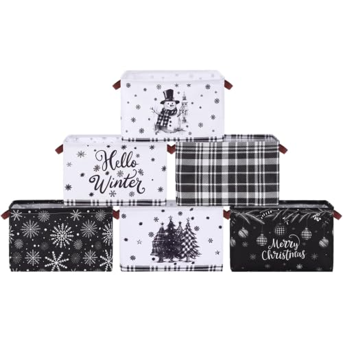 Image of Fourluoo 6 Pack Floral Storage Basket with Handles Clothes Storage Basket Bin Foldable Box Bins Organizer for Closet Shelf Nursery Kid Room Book Toy Chest(6,Black and White Christmas)