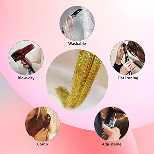 Hair Tinsel Kit With Tools And Instruction Easy To Use 1000 Strands 47 Inches Glitter Tinsel Hair Extensions For Women And Girls, Sparkling Shinny Fairy Hair Accessories For Christmas New Year Halloween Cosplay Party (Gold) #TOP3