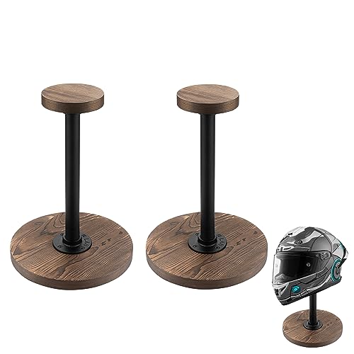motofans® Industrial style helmet stand, Rustic Burnt Solid Wood and Black Metal Pipe Cap and Wig Display Stand(2pcs)
