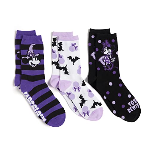 Disney Women's Minnie Mouse Halloween 3 Pack Crew, Assorted Purple, Fits Sock Size 9-11 Fits Shoe Size 4-10.5