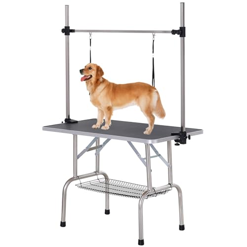 Dog Pet Grooming Table, Foldable Professional Drying Table at Home with Adjustable Arms Nooses & Mesh Tray, Maximum Capacity Up to 330lbs, 42''/ Black