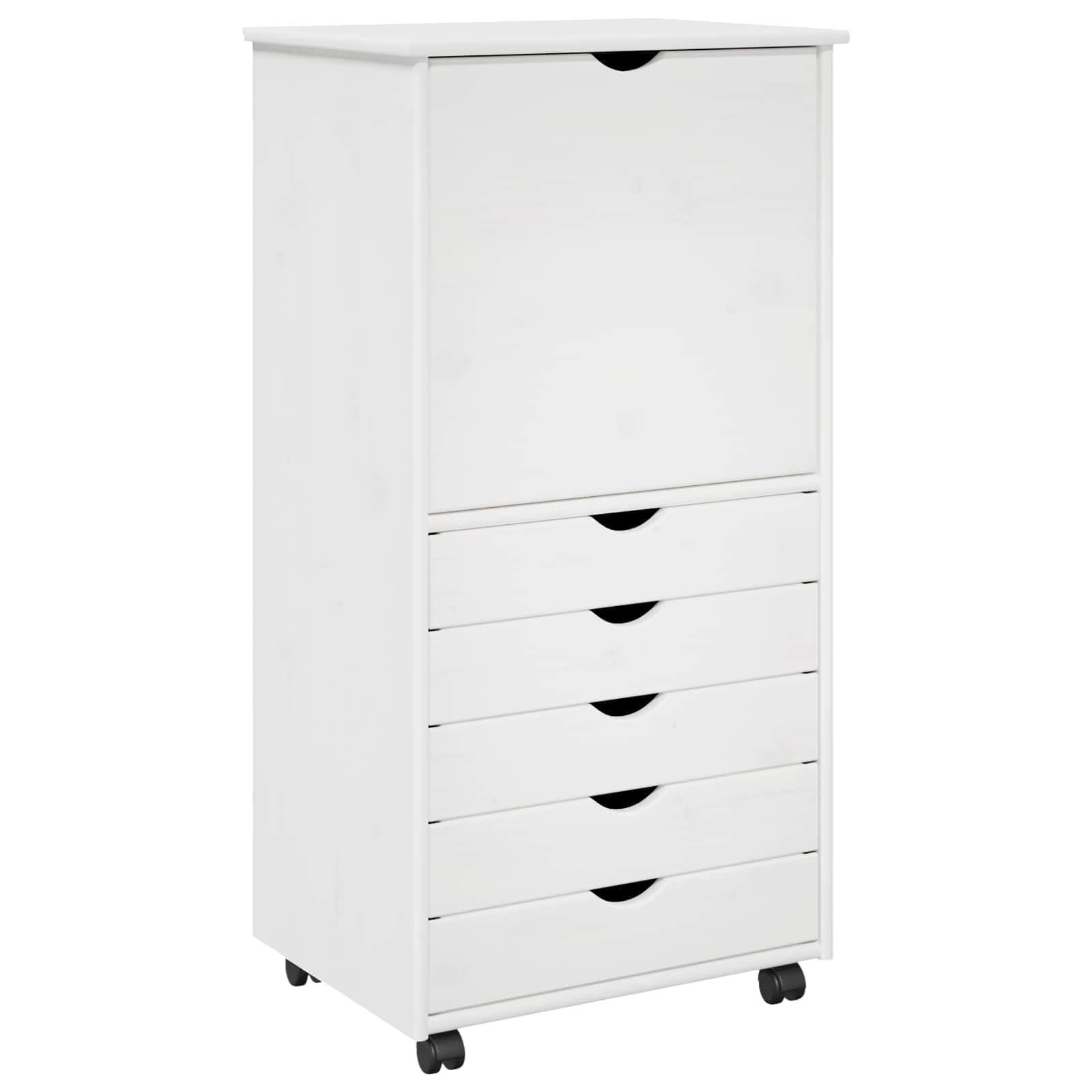 Rollschrank Kiefer Massivholz Weiß 53 x 39 x 103 cm Mobiler Rollcontainer mit 5 Schubladen und 1 Fach Moderner Beistellschrank für Home-Office Arbeitszimmer und Wohnzimmer