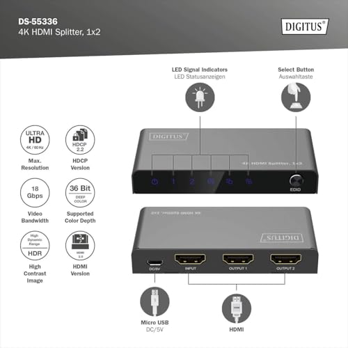 Splitter HDMI 1 entrada 2 salidas DIGITUS 4K con soporte HDR y audio DTS Dolby 2