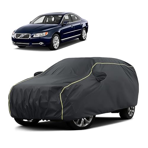 Image of Sulfar 100% Water Resistant Car Body Cover Compatible with Mirror for Volvo S80 (Triple Stitched, Full Bottom Elastic, Dark Grey Taffeta with Yellow Piping)