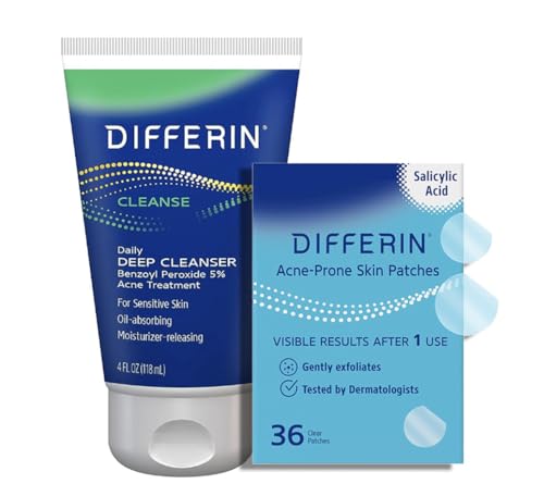 Differin 5% Benzoyl Peroxide Cleanser and Patch Set: 36 Power Patches, 18 large and 18 small pimple patches for acne-prone skin and Daily Deep Cleanser with 5% Benzoyl Peroxide, Mother's Day Gifts