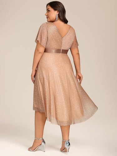 Ever-Pretty Plus Women's V Neck Pleated A Line Glitter High Low Plus Size Cocktail Wedding Guest Dresses with Sleeves2