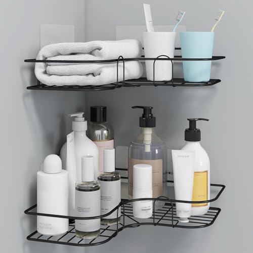 Image of Self Adhesive Bathroom Corner Shelf Without Drill, Stainless Steel Corner Rack, Shampoo Holder, Bathroom Storage Organizer, Rustproof (Black, Pack of 2)