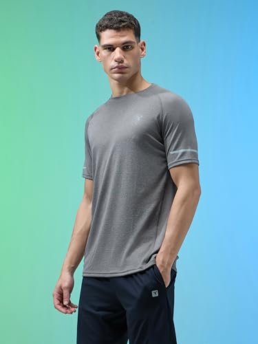 Image of TECHNOSPORT Men's Melange Slim Fit Round Neck T-Shirt Double Cool Raglan Sleeve Slip On Polyester for Gym Running Workout UPF50+ Anti Odour