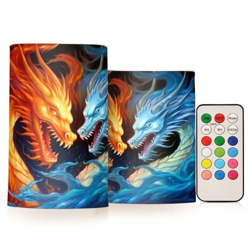 Kigai Ice Fire Dragon Flameless Candles with Remote Control and Timer,Battery Operated LED Pillar Candles Adjustable Brightness for Ourdoor Indoor Use,Home Decor,2 Pack