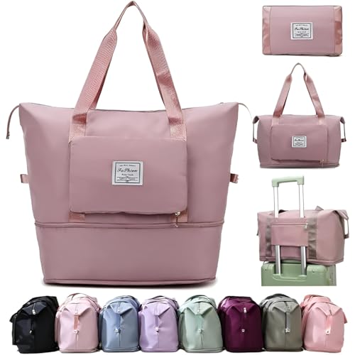 Image of Expandable 41L Travel Duffle Bag for Women - Wheeled Foldable Luggage with Handle, Large Rolling Handbag for Personal Items, Weekend Trips, Gym & Cabin Carry-On Travel Companion ((Pink)-01.)