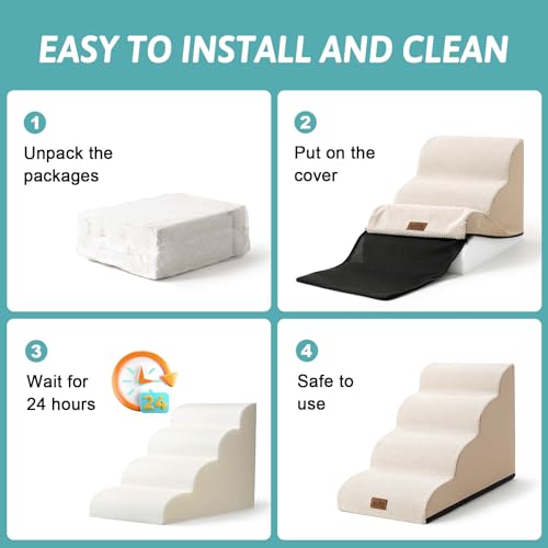 COZY KISS Hundetreppe für Kleine Hunde 50cm, Haustiertreppe für Bett aus Hochdichtem Schwamm, Hunde Treppe Hunderampe mit Waschbarem Bezug und Rutschfestem Boden, 40x72x50cm, 4 Stufen, Beige