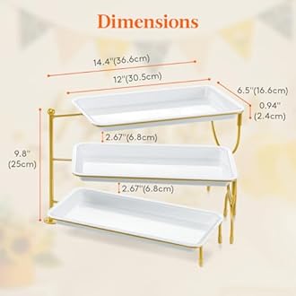 Lifewit 3 Tier Serving Tray for Party, 12" x 6.5" Plastic Tiered Food Serving Platters, White Rotatable Tiered Tray Stand with Gold Collapsible Metal Stand, Dessert Table Display Set for Buffet