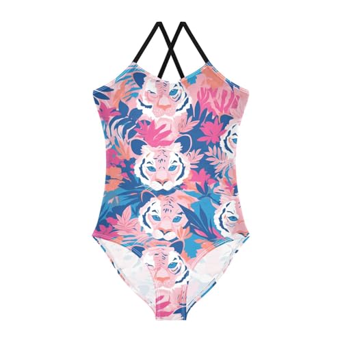 KLL Tigers Print Hawaiian Girls' 1 Piece Swim Suit Summer Swimwear with Adjustable Straps Quick-Dry