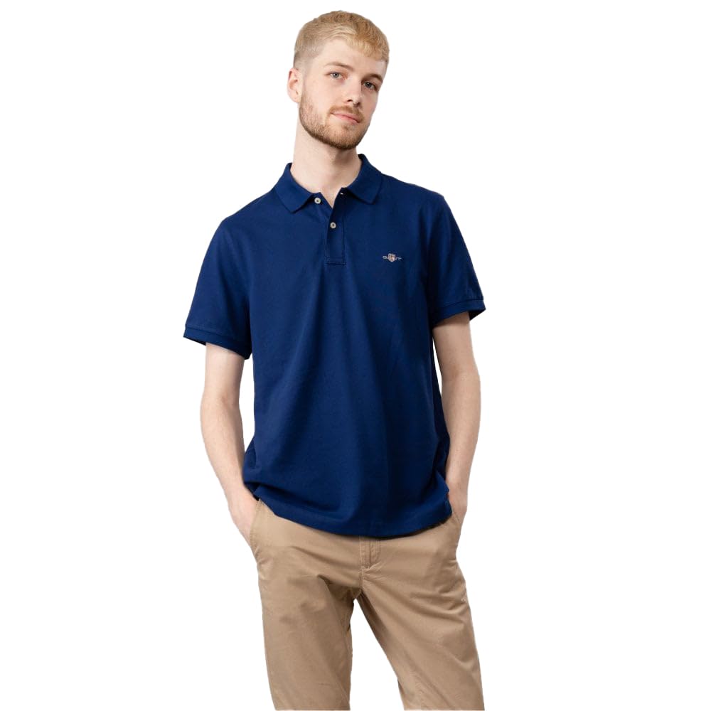 Gant Men's Rich Navy Reg Shield Ss Pique Polo Shirt, Small