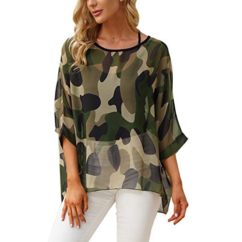 Image of Ckikiou Plus Size Batwing Flowy Semi Sheer Chiffon Blouse Tunic for Women Summer Floral Print Boho Beach Cover ups