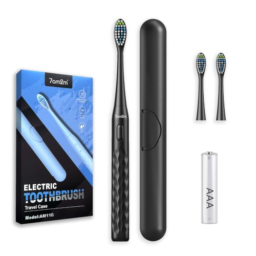 Image of 7AM2M Sonic Travel Electric Toothbrush for Adults & Kids, Travel Case&2 Brush Heads, Battery Powered Sonic Toothbrush, Compact Design for Daily /Travel Use-Black