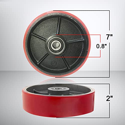 Image of Pallet Jack /Truck Steering Wheels Set with Axle, Fasteners and Protective Caps (2 pcs) 7 inch x 2 inch with Bearings ID 20mm Poly Tread Red