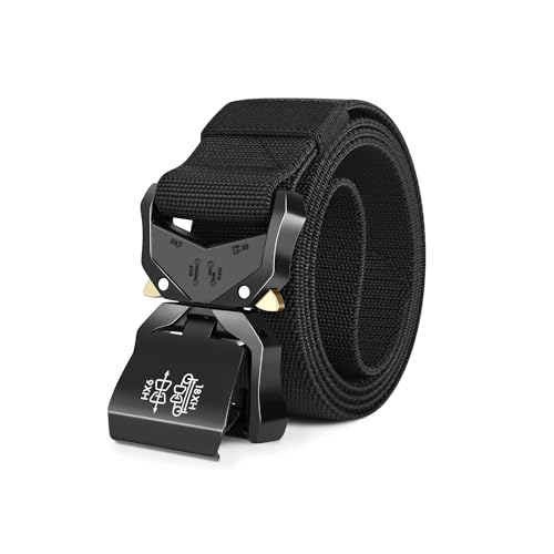 Leskyair Cinturón Táctico para Hombres 1.5 pulgadas, Cinturon Hombre Trabajo Estilo Militar Cinturón con hebilla de metal liberación rápido, Regalo con Soporte para Botella (Sin bolsa-Negro)