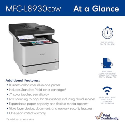 Image of Brother MFC-L8930CDW Business Color Laser All-in-One Printer with Duplex Print, Scan, Copy, Low-Cost Printing, and Advanced Security Features | Color Laser Mfp, Duplex Print and Scan, 7 Touchscreen, 250 Plus 50-Sheet, Dual-Band WI-FI and Gige, Includes Toners