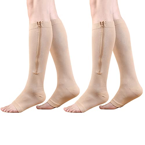 HYCOPROT Calcetines Compresión con Cremallera para Mujeres y Hombres 2 Pares Puntera Abierta Medias de Compresión 15-20 mmHg para Varices Correr Enfermeras Embarazo Viajar