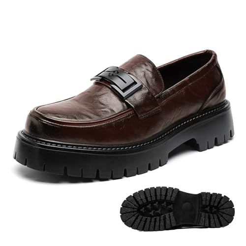 Men's Leather Platform Loafers Metal Buckle Detail Non-Slip Lug Sole Comfortable & Stylish Dress Shoes for Business Casual Work & Formal Occasions