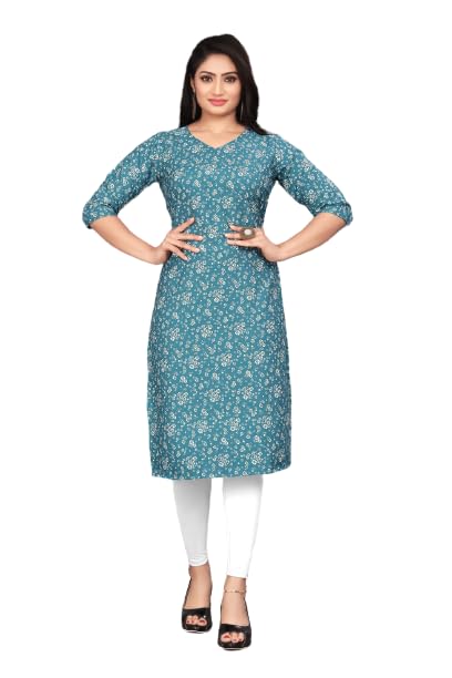 Samarth Enterprise Women's Regular Printed Straight Crepe Stitched 3/4 Sleeve Kurti
