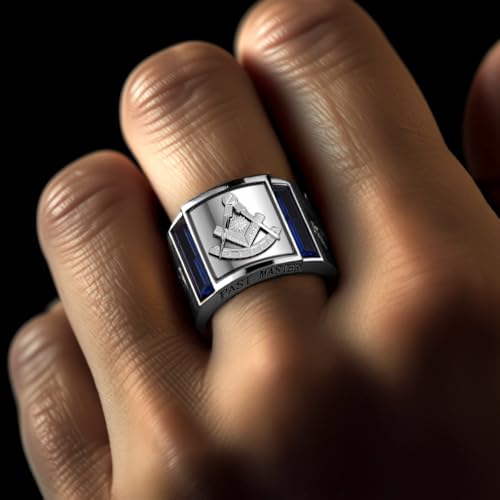 US Jewels Men's 925 Sterling Silver Lab-Created Sapphire Past Master Freemason Masonic Ring, Sizes 8 thru 142