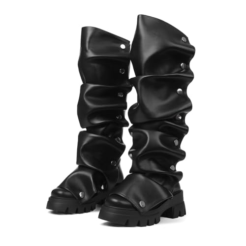 femflame Platform Boots Fold Over Knee High Boots Slouchy Ruched Stacked Heel Round Toe Boot Pull On Leather Wide Calf Tall Fall Long Boot