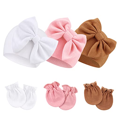 Image of BQUBO Newborn Baby Hospital Hats Beanie Bow Infant Caps Baby Cotton No Scratch Mittens Set for 0-6 Months