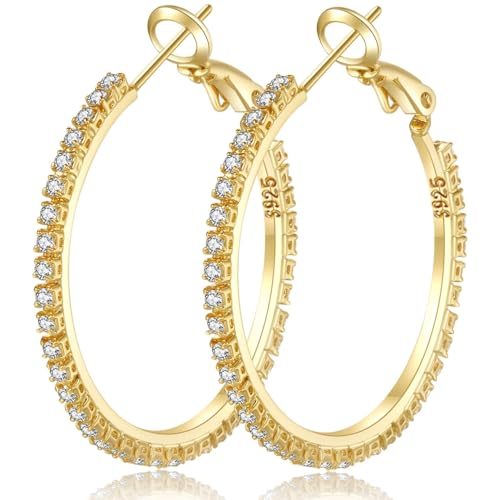 925 Sterling Silver Hoop Earrings Rhinestone Big Large Hoops Earrings for Women 30/40/50/60/70mm Sparkly Cubic Zirconia