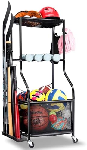Sports Equipment Garage Organizer - Rolling Ball Storage with whe...