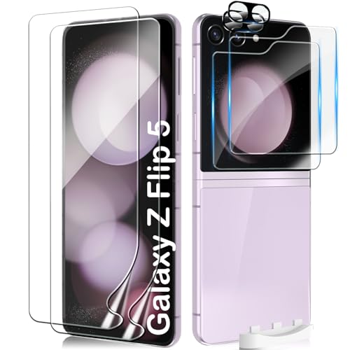 Image of CWQZGUF [2Set 6PCS] Screen Protector Compatible with Galaxy Z Flip 5 5G, 2 Front TPU Film + 2 Back Tempered Glass + 2 Camera Lens Protectors, High Clarity, Bubble Free