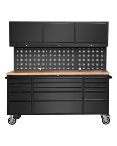 MERXENG 72-inch Rolling Tool Chest Cabinet Garage Workbench with 15 Storage Drawers and Wheels, 3 Upper Cabinet, Pegboard, Steel Large Tool Box for Garage Workshop, Matte Black