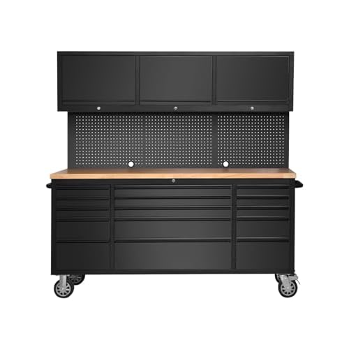 MERXENG 72-inch Rolling Tool Chest Cabinet Garage Workbench with 15 Storage Drawers and Wheels, 3 Upper Cabinet, Pegboard, Steel Large Tool Box for Ga