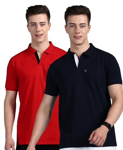 Image of Lux Cozi Men's Regular Fit Polo Neck Half Sleeve Solid Casual T-Shirt with Chest Pocket COZI 2122 NB RD 3XL 2PC Navy and Red