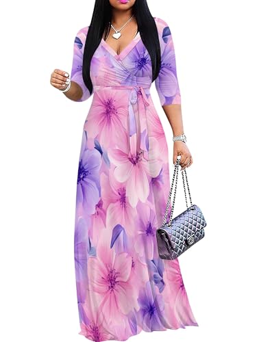 Image of Plus Size Maxi Dress for Women V Neck 3 /4 Sleeve Wrap Dress