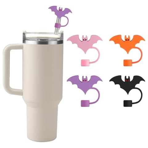 Halloween Silicone Straw Covers Cap for Stanley Cup, Cute Straw Topper for Stanley 30&40 Oz Tumbler, Reusable Dust-Proof Drinking Straw Cover, Set of 4 (Halloween Bat) Cover