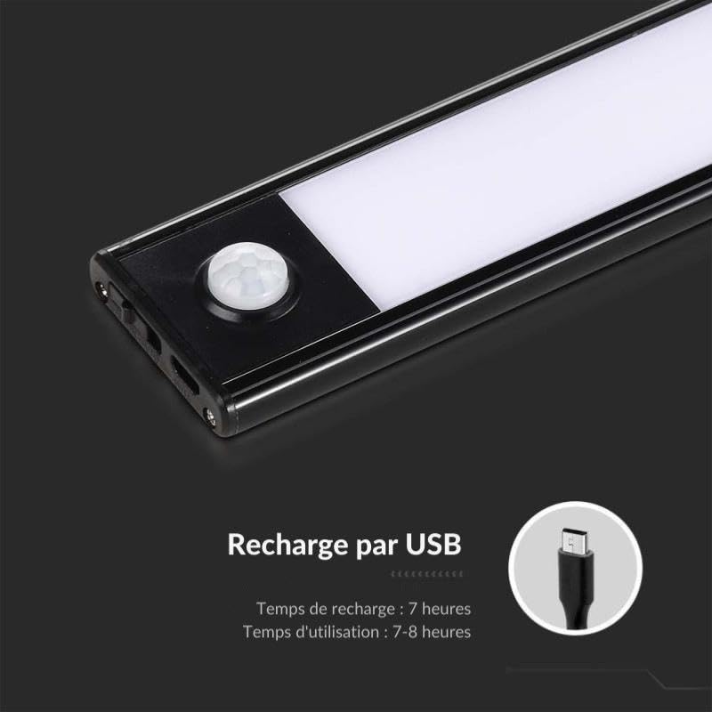 Réglette LED Rechargeable USB 60cm 2,5W Noire avec Détecteur de mouvement - Blanc Neutre 4000K - 5500K