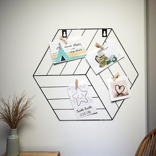 Image of Art Street Hexagon Shape DIY Metal Photo grid wall for photo hanging, wall decoration and display (size- 35 x 40 cm) -Photo clips included