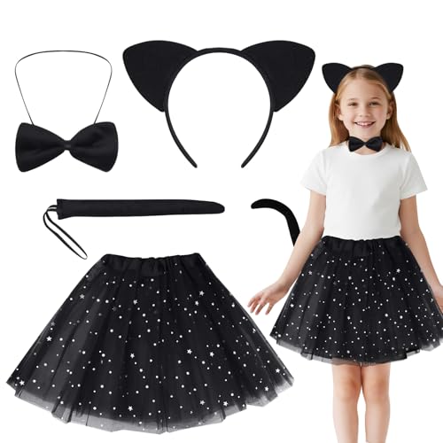 QIZHIQIAMY Disfarce gato preto para menina, 4 peças fantasia de Halloween menina gato preto, de gatos disfarces com diadema orelhas de gatos, gravata-borboleta, cauda, tutu para Halloween