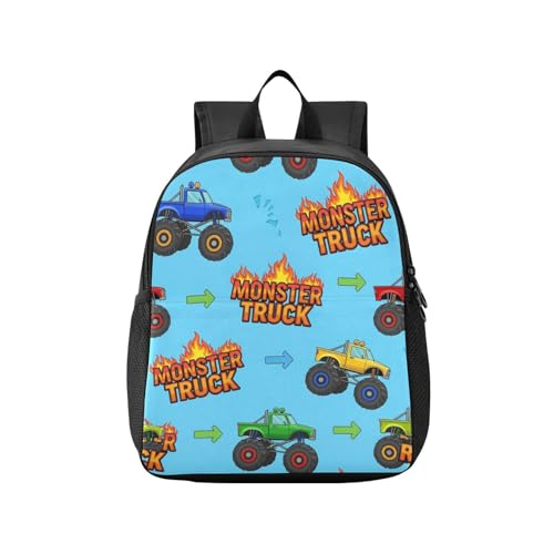 DOMIKING Monster Trucks Blue Kids Backpack for Boys Girls Elementary Kindergarten School Backpack for Kids Toddler School Bag Bookbag Age 3-6