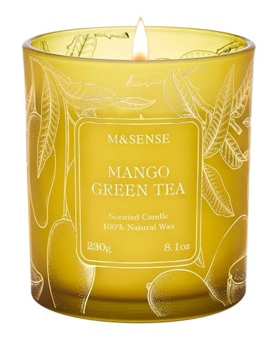 M&SENSE Velas Aromáticas Té Verde y Mango 230g, Regalos Originales para Mujer y Hombre, Decoracion Casa Zen, Velas Decorativas, Cera Vegetal 42h, Fragancia Cítrica y Floral