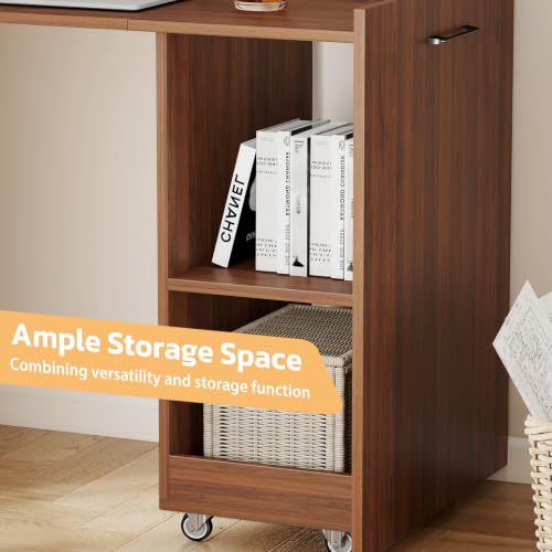 Image of Zevemomo Folding Desk, Convertible Table with Shelves & Wheels - Walnut | Folding Desk with Storage, Craft Cabinet with Fold Out Table, Compact Computer Desk for Small Space, Reversible L Shaped Desk