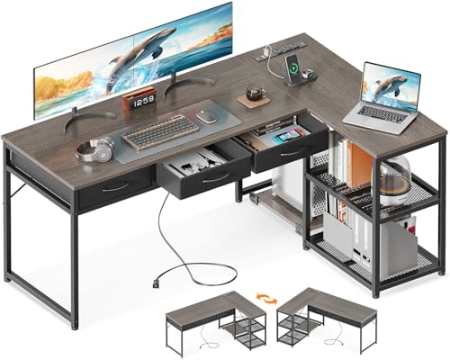 ODK ゲーミングデスク 引き出し3杯 パソコンデスク コンセント付き l字デスク デスク 机 幅155 pcデスク 棚付き desk 収納 オフィスデスク 在宅勤務 仕事用 組立簡単 グレー