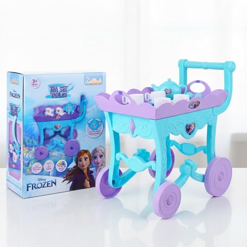 Image of Frozen Tea Trolley Set - 32 Pcs Elsa & Anna Musical Tea Party Playset with Electronic Kettle, Lights & Sound - Pretend Play Kitchen Accessories, Birthday Gift for Kids 3+ Years-Turkish Blue