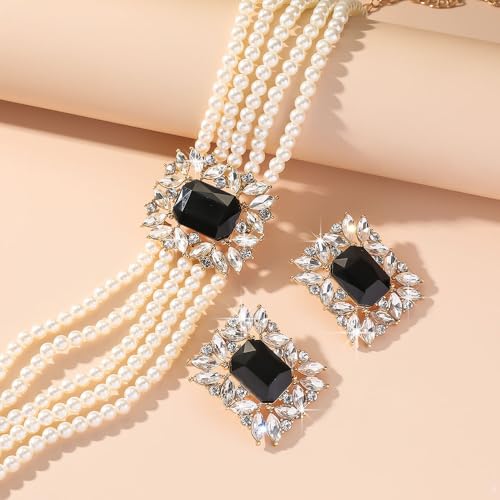 Missgrace Vintage Boho 1920s Faux Pearl Necklace Earring Set Bride Faux Pearl Rhinestone Necklace Earring for Prom Bar Party Wedding2