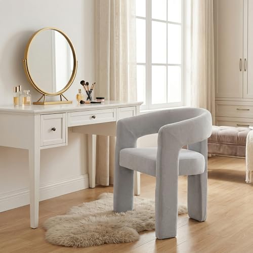 Image of HNY Modern Barrel Kitchen & Dining Room Chair, Chenille Upholstered Accent Chair with Arm, 18.5'' Wide Side Armchairs Vanity Chairs for Living Room Bedroom Makeup Small Spaces, Grey