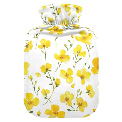 YNNALE Spring Watercolor Flowers Yellow Hot Water Bottle with Cover, 2Liter Soft Velvet Winter Warm Water Bag for Neck and Shoulder Pain Relief Period Cramps Bed Hand Feet Warmer